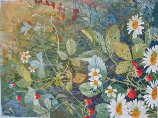 Robert Laessig watercolor: Robert Laessig- Wild Flowers and Strawberries- watercolor on paper, signed lower right, very good condition. 11 x 8 1/2''