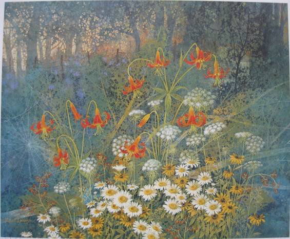 Robert Laessig print: Robert Laessig- ''Woodland Garden''- off-set lithograph in colors, signed and numbered 165/950 in pencil, very good condition. 15 3/4 x 19 1/2''