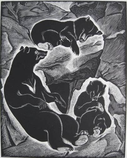 Barbara Latham wood engraving: Barbara Latham- ''Bear Family''- wood engraving, 1936-37, AAG edition of about 200, very good condition. 10 x 8''