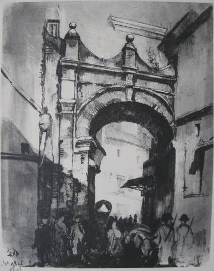 Howard Leigh lithograph: Howard Leigh- European Archway- lithograph, signed in pencil, minor handling creases. 17 1/2 x 14''