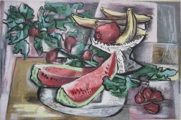 Guy Maccoy silkscreen: Guy Maccoy- Still-Life with Watermelon- silkscreen in colors, signed in ink in image, crease in upper left corner goes through very corner of the image. 20 1/2 x 30 1/2''