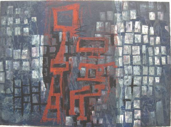 James Mc Connell silkscreen: James H. McConnell- ''Blue Dialogue #145''- silkscreen in colors, 1960, signed, dated and titled in pencil, minor soiling in margins and verso. 10 1/2 x 14 1/2''