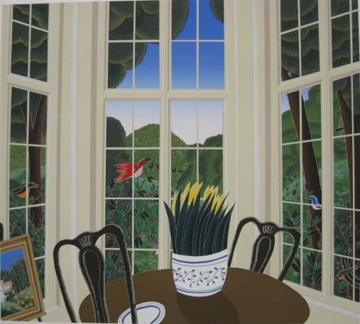 Thomas Mc Knight silkscreen: Thomas McKnight- Interior Scene- silkscreen in colors, signed and annotated 'H. C. 25/30' in pencil, handling creases in margins, otherwise very good condition. 24 x 27''