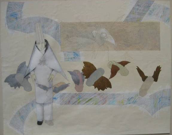 Michael Milligan mixed media: Michael Milligan- Untitled- mixed media on paper, 1976, signed and dated, some minor age discoloration and handling creases, otherwise very good condition. 16 x 20''