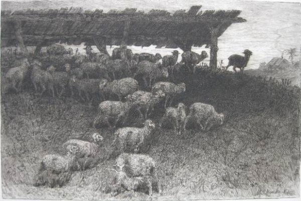 John Austin Sands Monk etching: John Austin Sands Monks- Twilight- etching, minor tears in margin and corners, creases, smudging, tape remnants. 7 x 10 3/4''