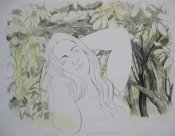 August Mosca lithograph: August Mosca- Young Girl with Hydrangeas- lithograph, 1971, signed, dated and titled in pencil. 16 x 19''