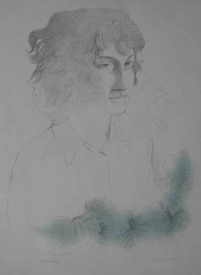 August Mosca lithograph: August Mosca- Young Girl with Hydrangeas- lithograph in colors, signed and inscribed 'Artist Proof' in pencil, smudging, staining and creases in several areas, torn corners. 17 1/2 x 13 1/2''