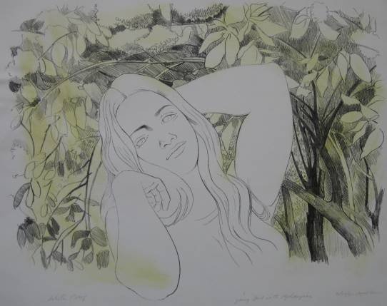 August Mosca lithograph: August Mosca- ''Young Girl with Hydrangeas''- lithograph, 1971, signed, dated, titled and inscribed 'Artist's Proof' in pencil, minor smudging and tears, 2 holes in margin, otherwise good condition. 1
