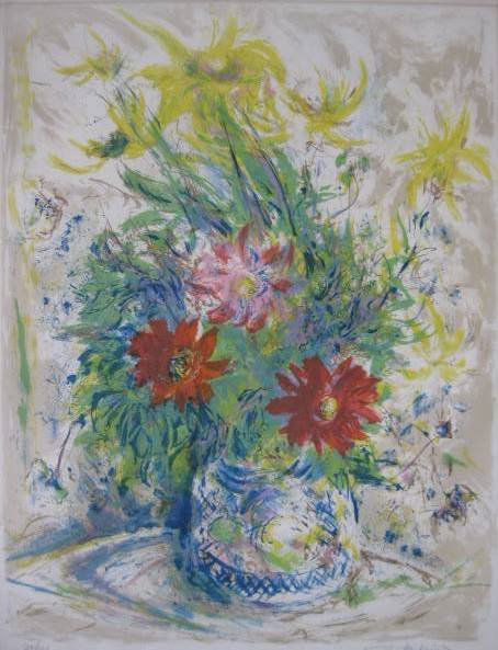 Ira Moskowitz lithograph: Ira Moskowitz- ''Blue Vase''- lithograph in colors, signed and numbered 30/100 in pencil, AAA edition, slightly light struck, some mat burn. 25 1/2 x 20''