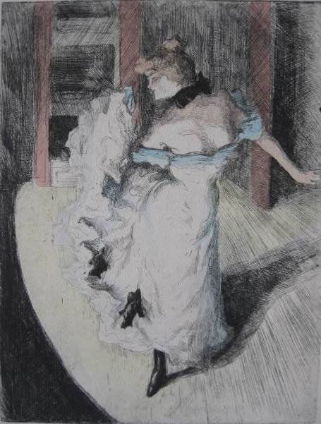 Alfredo Muller etching: Alfredo Muller- ''Devant la Lampe''- etching with hand-coloring, ca. 1900, signed and annotated E.E. in pencil, unknown edition size. 15 1/2 x 11 3/4''