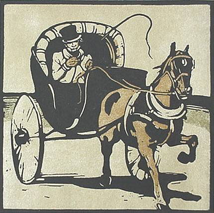 William Nicholson woodcut: William Nicholson- ''The Cabriolet''- woodcut in colors, 1897, as published in The Studio, very good condition. 6 x 6''