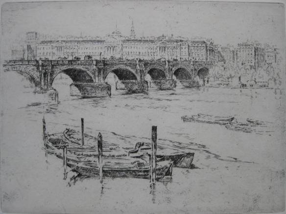 Joseph Pennell etching: Joseph Pennell- ''Waterloo Bridge and Somerset House'' (Wuerth 379)- etching, 1905, signed in pencil, edition of about 75. 8 x 10 3/4''