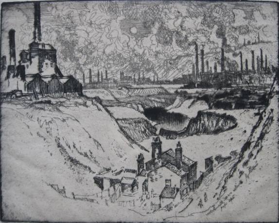 Joseph Pennell etching: Joseph Pennell- ''Brick Fields, Birmingham'' (Wuerth 540)- etching, 1909, signed in pencil, edition of about 40, top plate line has been re-enforced. 8 x 10''