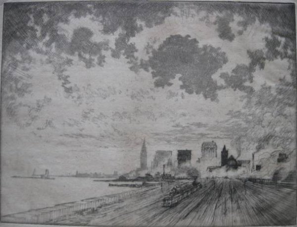Joseph Pennell etching: Joseph Pennell- ''The Tracks, Chicago'' (Wuerth 591)- etching, 1910, signed in pencil, edition of about 50, light struck and foxing throughout, paper age toned. 9 1/4 x 12 1/4''