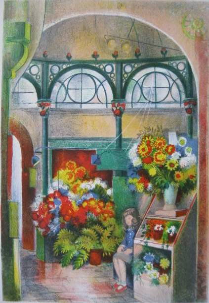 Hilda Chancellor Pope lithograph: Hilda Chancellor Pope- ''The Flower Seller''- lithograph in colors, signed and numbered 207/275. 18 x 12 1/2''