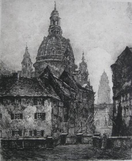 Otto Probst etching: Otto F. Probst- ''Frauenkirche''- etching, 1917, signed in pencil, very good condition. 10 1/4 x 8''