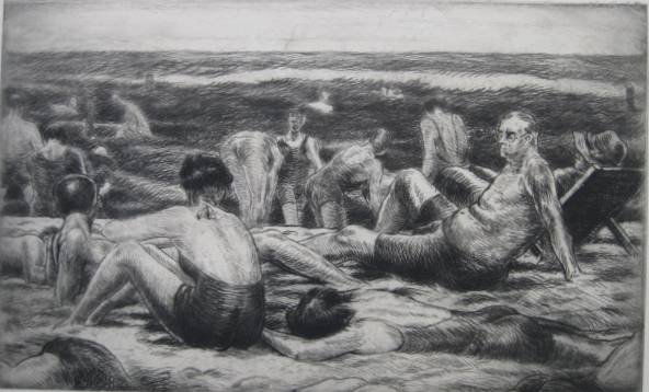 Grant Reynard etching: Grant Reynard- On The Beach- etching, signed in pencil, minor handling creases and minor staining in margins, otherwise very good condition. 6 x 10''