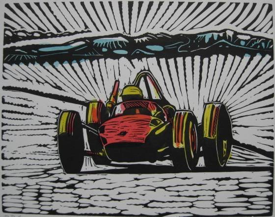 Michael Ted Robbins linocut: Michael Ted Robbins- ''Spirit of Speed II''- linocut with hand-coloring, 1989, signed, dated, titled and annotated 'P.P.I.' in pencil, very good condition. 7 x 8 3/4''