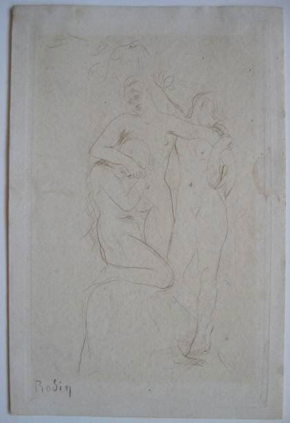 after Rodin etching: Rodin- Nudes- etching, slightly light struck, a liquid stain along right edge slightly goes into plate mark, other minor soiling and staining along edges and verso, tape hinges remnants upper corners