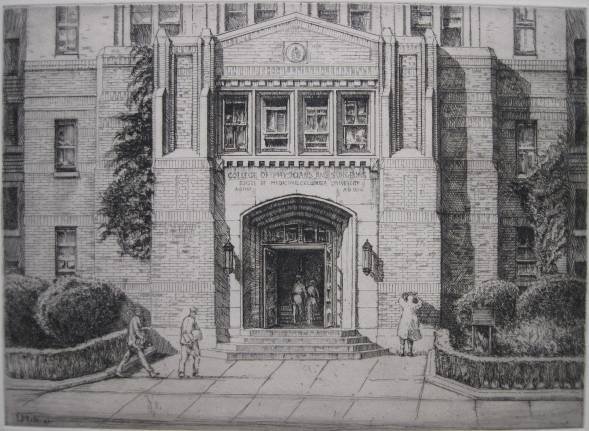 Ernest D. Roth etching: Ernest D. Roth- ''College of Physicians and Surgeons, Columbia University''- etching, 1945, signed and dated in pencil, old paper tape hinges, minor soiling in margins, otherwise very good condition. 