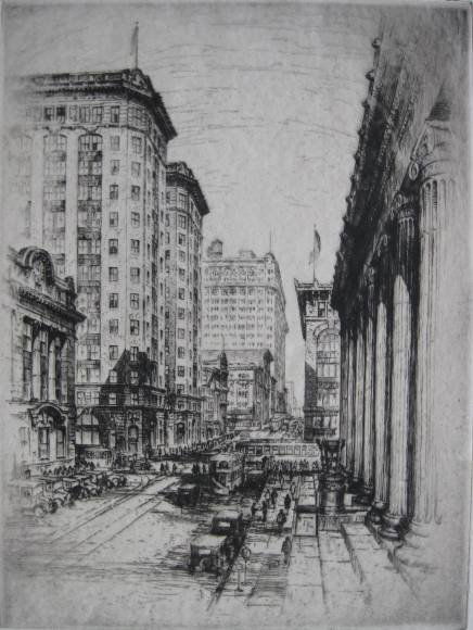 Anton Schutz etching: Anton Schutz- ''Heart of Baltimore''- etching, signed in pencil, slightly light struck, otherwise very good condition. 12 x 8 3/4''