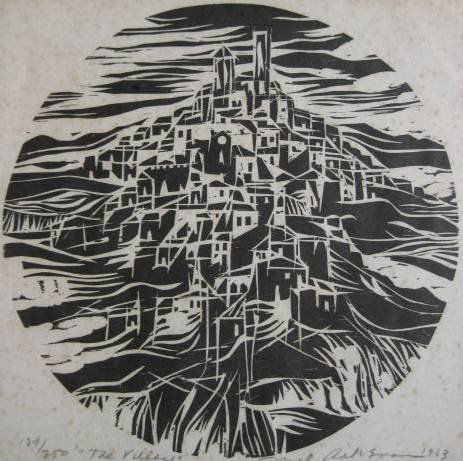 Mel Silverman woodcut: Mel Silverman- ''The Village''- woodcut, 1963, signed, dated, titled and numbered 139/250 in pencil, heavy foxing throughout. 12 1/2''dia.