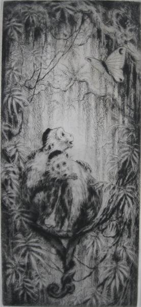 Will Simmons etching: Will Simmons- Two Monkeys- etching, signed in pencil, some stains in margins, otherwise very good condition. 10 3/4 x 4 7/8''