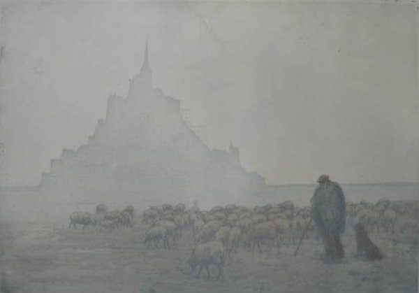 Tavik F. Simon aquatint: Tavik F. Simon- ''Mont St. Michel in The Fog'' (Novak 176)(Baker 98)- color soft-ground and aquatint, 1911, signed in pencil, grey stamp, edition of 100, slightly light struck, some creasing in margin