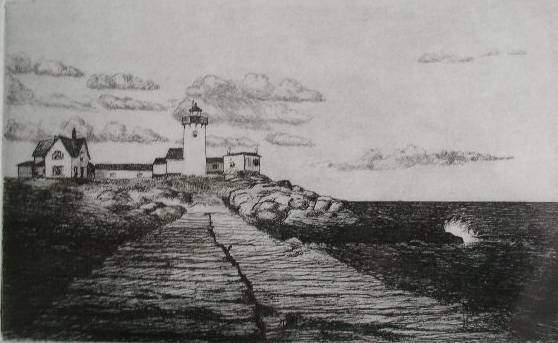 Allen Sloane etching: Allen Sloane- ''Eastern Point Lighthouse''- etching, signed, titled and numbered 15/90 in pencil, very good condition. 4 3/4 x 7 3/4''