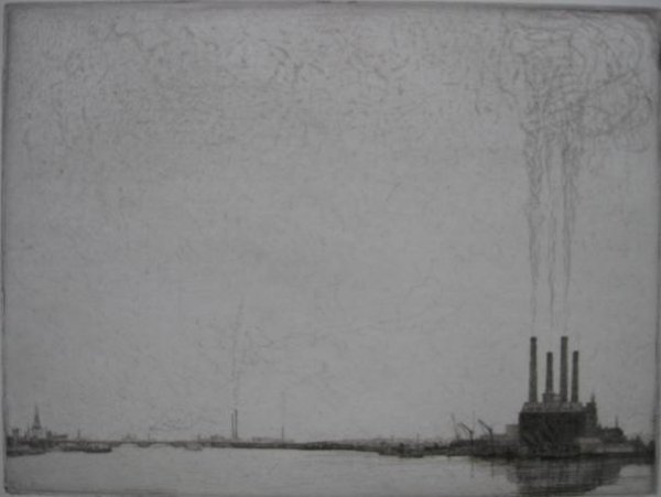 Douglas Smart etching: Douglas Smart- ''The Four Chimneys''- etching, signed in pencil, very good condition. 7 1/4 x 9 3/4''