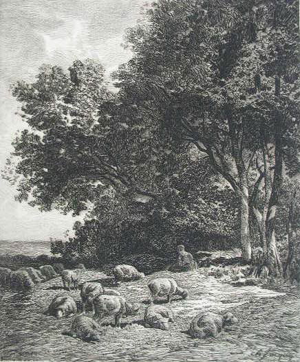 James D. Smillie etching: James D. Smillie- ''Landscape with Sheep'' (Witthoft 13)- etching, 1879, after Charles Jacque, as published in American Art Review.