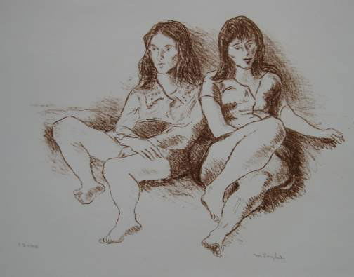 Moses Soyer lithograph: Moses Soyer- Two Seated Females- lithograph, signed and numbered 13-40 in pencil, minor handling creases, otherwise very good condition. 12 x 16''