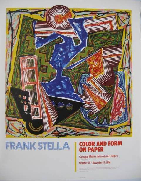 after Frank Stella poster: after Frank Stella- ''Color and Form on Paper''- lithographic poster in colors, Carnegie-Mellon University Art Gallery, 1986, soft horizontal creases from being rolled. 31 1/2 x 25''