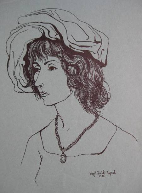 Hazel Janicki Teyral woodcut: Hazel Janicki Teyral- Lady in Hat- woodcut on grey green paper, 1948, horizontal crease in top portion, not in image. 13 x 9 1/2''
