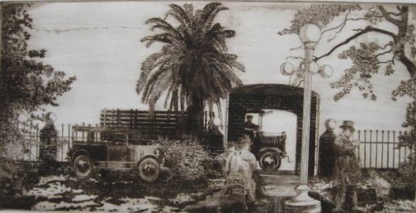 Les Thompson etching: Les Thompson- ''The Park''- etching, ca. 1983, signed, titled and numbered 40/70 in pencil, very good condition. 8 x 15 3/4''