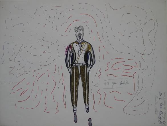 John Toney drawing: John Toney- ''48 Year Old''- color marker on paper, signed lower right, minor soiling around edges. 18 1/2 x 24 1/2''