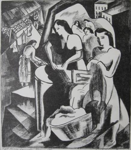 Beryl Adair Trezise(?) lithograph: Beryl Adair Trezise(?)- ''Apt. House Laundry Room''- lithograph, 1936, signed, dated and titled in pencil. 9 x 7 3/4''