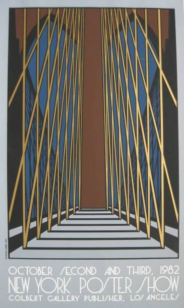 Mario Uribe silkscreen- Brooklyn Bridge: Mario Uribe- ''New York Poster Show''- silkscreen in colors, 1982, published by Colbert Gallery, Los Angeles, some minor scuffs and scratches in image. 30 x 18''
