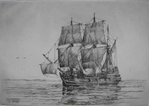 George Wales etching: George Wales- ''Mayflower, Cape Cod Bay''- etching, 1921, signed in pencil, very good condition. 7 x 9 3/4''