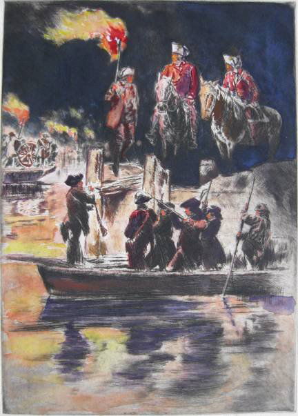 Levon West etching: Levon West- ''The Midnight Retreat''- etching with hand-coloring, signed in pencil, foxing throughout. 13 x 9 1/4''