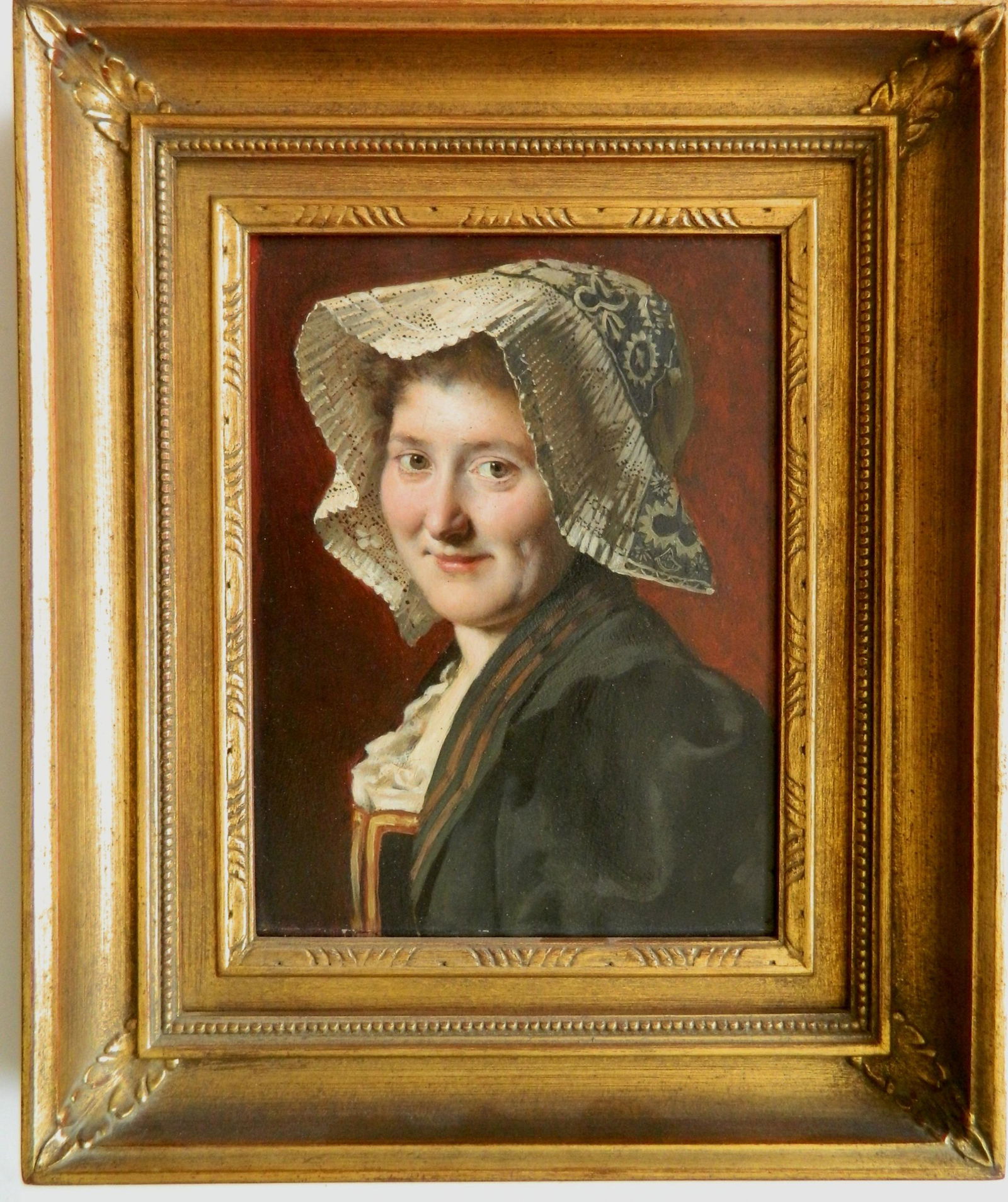 Carl Probst oil: Carl Probst (Austrian 1854-1924)- Portrait of a Lady- oil on wood panel, signed and dated C. Probst 1887 in upper right corner, slight wear around edges from frame. 8 1/4 x 6 1/4'' Provenance: Private