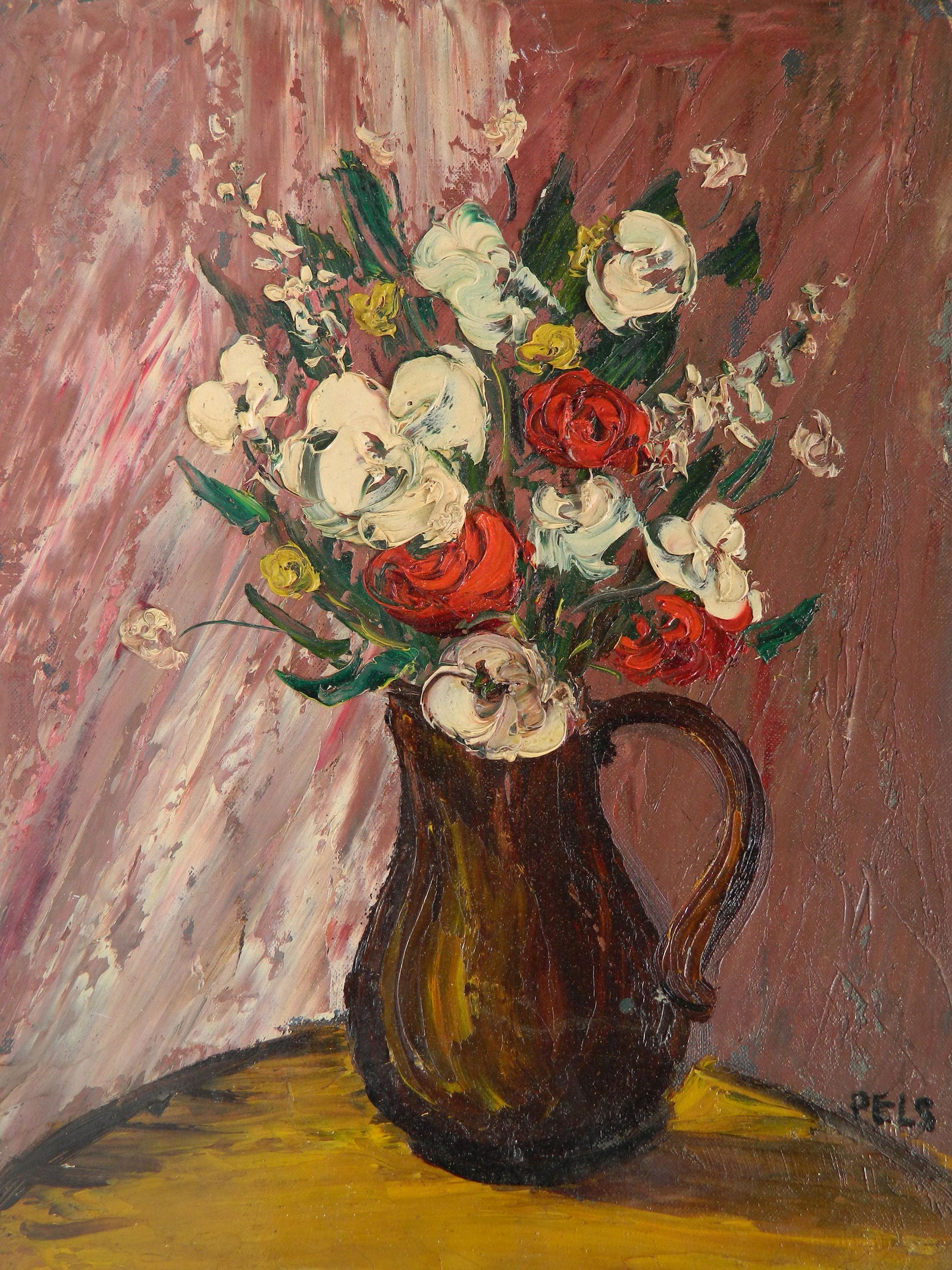 Albert Pels oil: Albert Pels (American 1910-1998)- Flowers in a Vase- oil on board, signed Pels lower right, some minor paint loss at corners. 16 x 12'' Provenance: Private collection- New York, NY; By descent estate