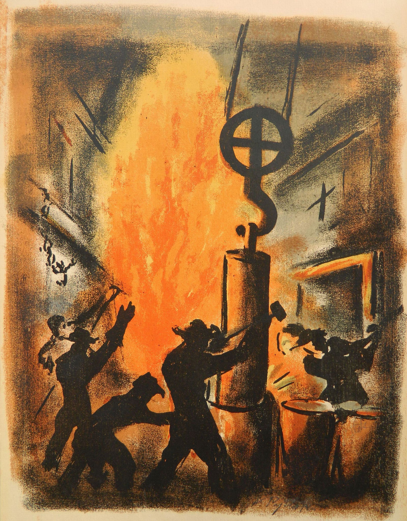 Leonard Pytlak serigraph: Leonard Pytlak (American 1910-1998)- ''Foundry''- serigraph in colors, signed in pencil in image, paper age toned otherwise good condition. 15 1/2 x 12'' Provenance: Private collection- New Orleans, L