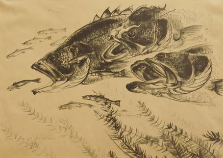 Paul Bough Travis lithograph: Paul Bough Travis (American 1891-1975)- ''Black Bass and Minnows''- lithograph, 1925, , signed and dated in pencil, edition of 250 plus 14, The Print Club of Cleveland publication no. 2, paper faded a