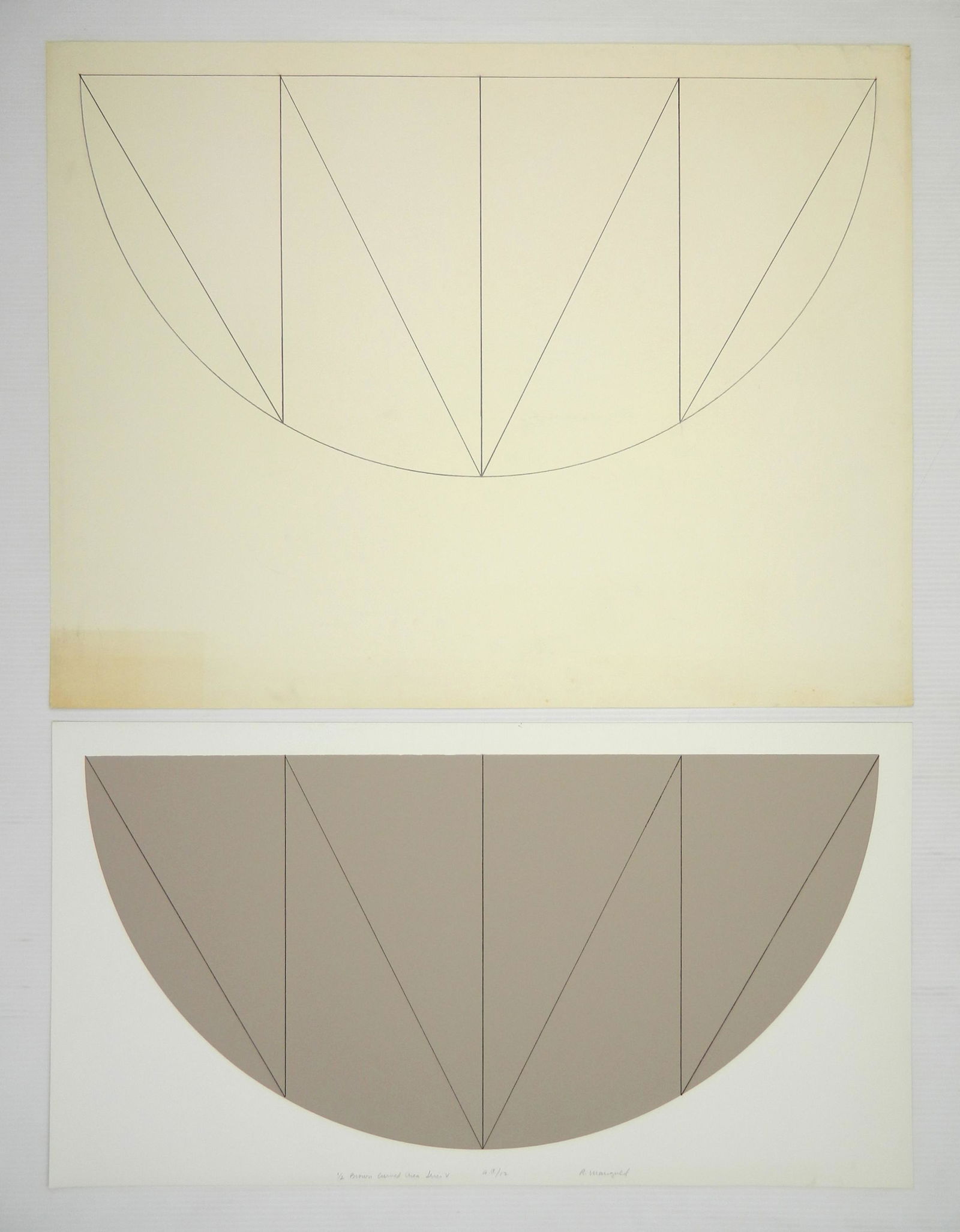 Robert Mangold graphite: Robert P. Mangold (American 1937- )- ''1/2'' Brown Curved Area, Series V''- graphite on heavy wove paper together with a serigraph in color, 1968, serigraph is signed, titled and annotated A.P./ 12' i