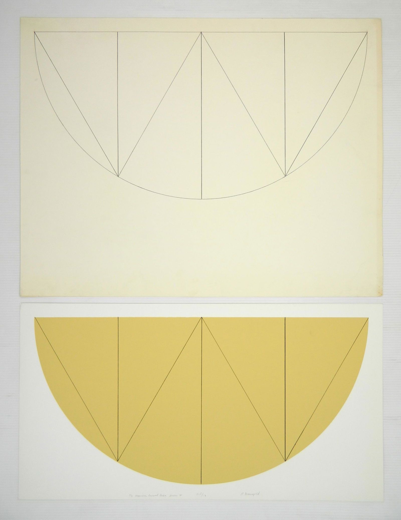 Robert Mangold graphite and serigraph: Robert P. Mangold (American 1937- )- ''1/2'' Manila Curved Area, Series W''- graphite on heavy wove paper together with a serigraph in color, 1968, serigraph is signed, titled and annotated A.P./ 12'