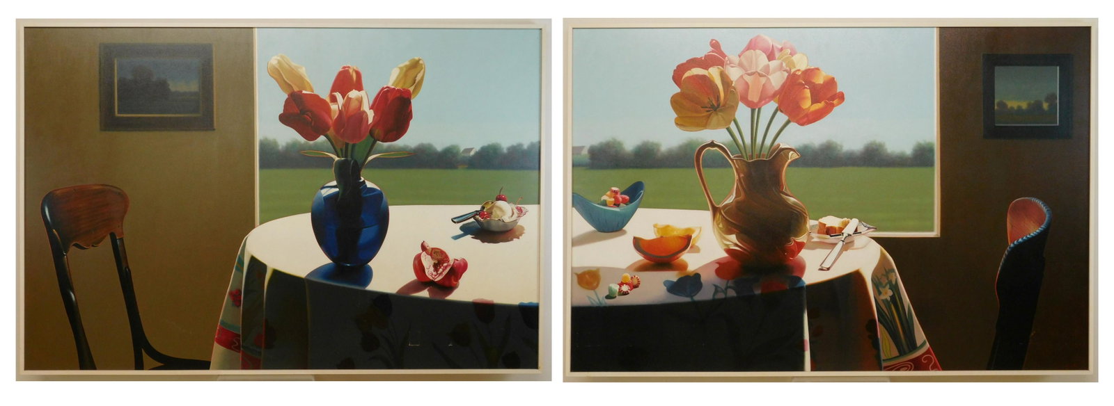 John Sayers oil (diptych): John Sayers (American 1950-)- ''Flowers on Table''- oil on canvas (diptych), 2000, right panel signed Sayers lower right, framed, right panel ahs repaired tear, left panel has 1 puncture and some surf