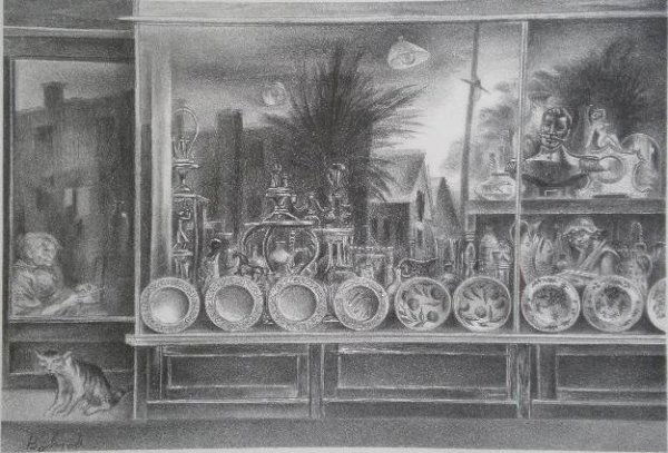 Aaron Bohrod lithograph: Aaron Bohrod (American 1907-1992)- ''Reflections in a Shop Window''- lithograph, 1947, sgined in pencil, AAA edition, old cellophane tape top two corners verso. 9 x 13 3/8'' 22.9 x 34 cm