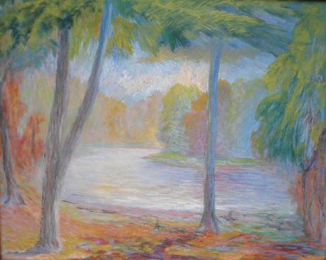 Style of William Glackens oil: Style of William Glackens (American 1870-1938)- Spring Landscape with Lake- oil on canvas, very good condition. 24 x 30'' 61 x 76.2cm