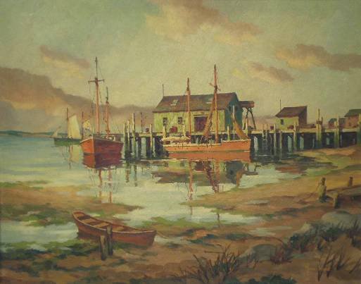 John Hare oil: John Hare (American 1908-1978)- ''Fishing Pier at Provincetown''- oil on canvas, signed John Hare- lower right, surface grime, otherwise very good condition. 24 x 30'' 61 x 76.2cm